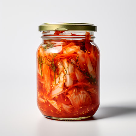 kimchi on jar isolated on white backgroundの素材