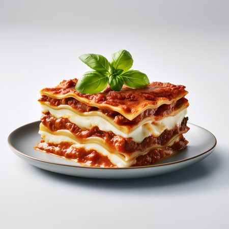 Lasagna on plate isolated on white backgroundの素材