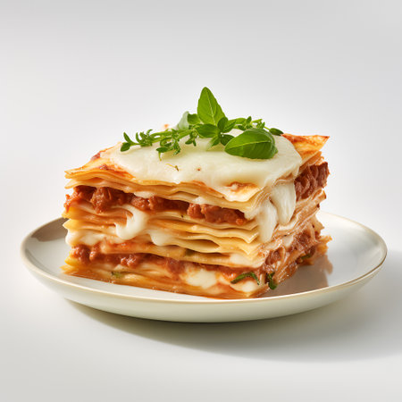 Lasagna on plate isolated on white backgroundの素材