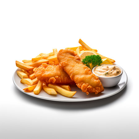 Fish and Chips on plate  isolated on white backgroundの素材