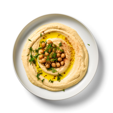 Hummus on plate isolated on white backgroundの素材