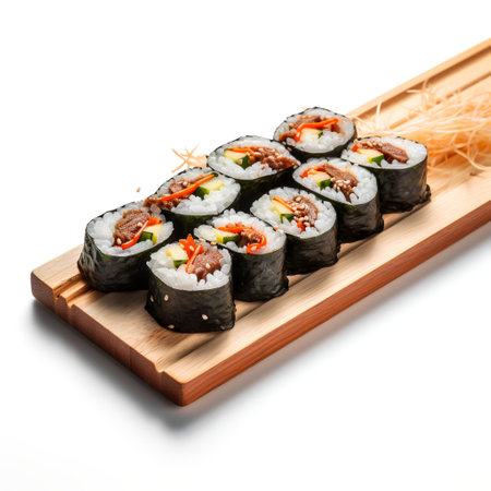 Kimbap on wooden board isolated on white backgroundの素材