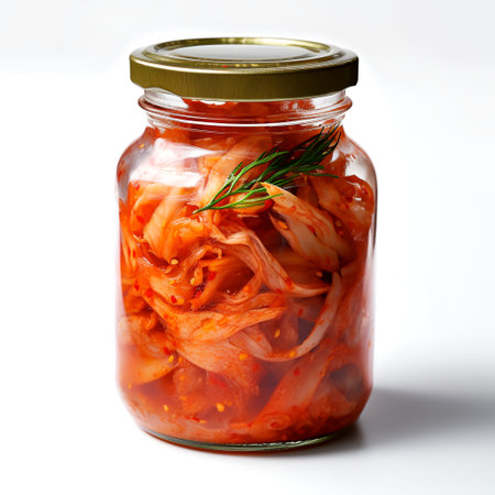 kimchi on jar isolated on white backgroundの素材