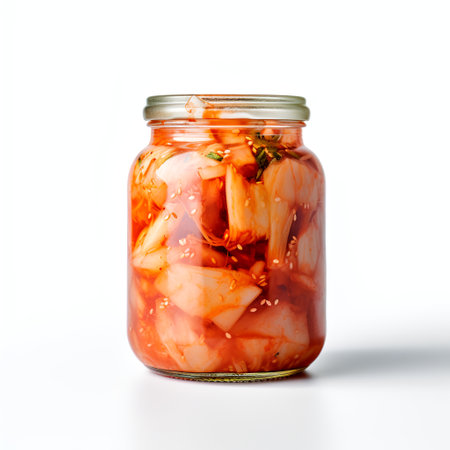 kimchi on jar isolated on white backgroundの素材