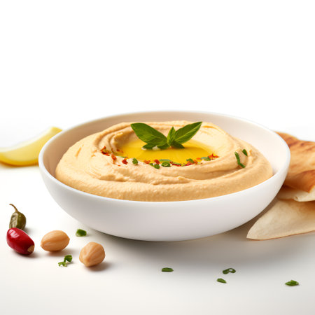Hummus on plate isolated on white backgroundの素材