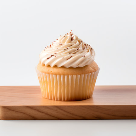 cup cake on wooden board isolated on white backgroundの素材