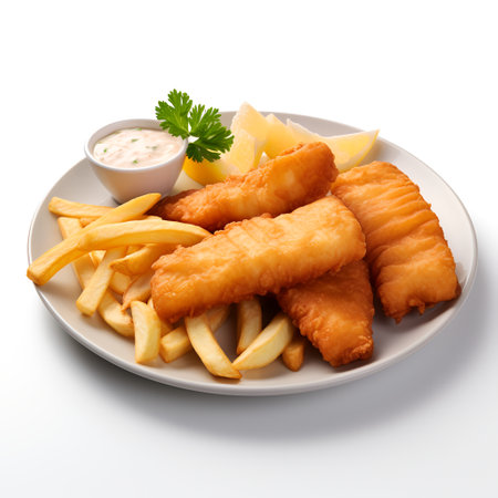Fish and Chips on plate  isolated on white backgroundの素材
