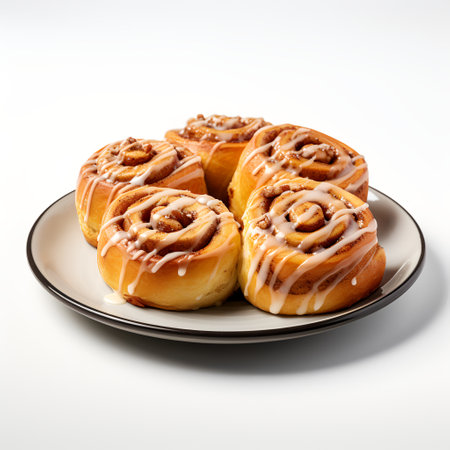cinnamon rolls on plate isolated on white backgroundの素材