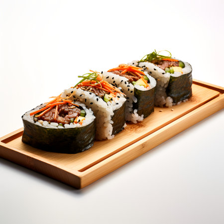 Kimbap on wooden board isolated on white backgroundの素材