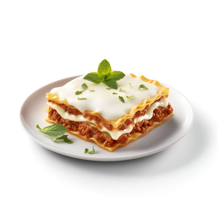 Lasagna on plate isolated on white backgroundの素材