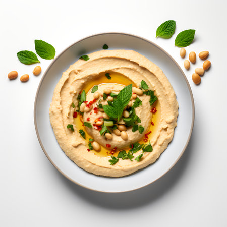 Hummus on plate isolated on white backgroundの素材