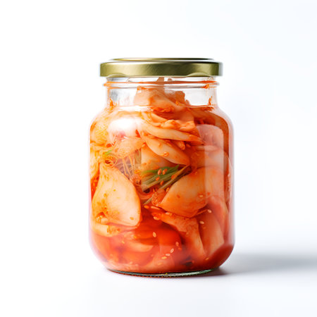 kimchi on jar isolated on white backgroundの素材