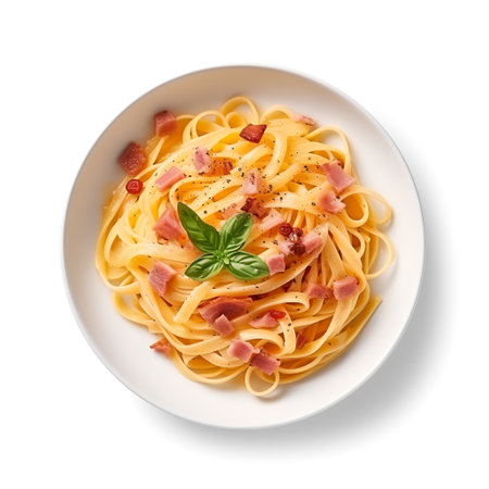 Fettuccine Carbonara on plate  isolated on white backgroundの素材
