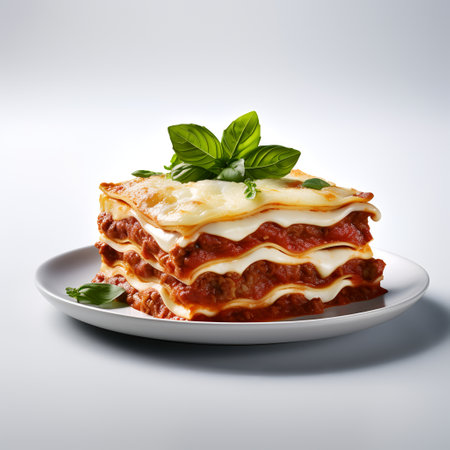 Lasagna on plate isolated on white backgroundの素材