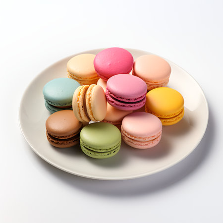 Macarons on plate isolated on white backgroundの素材