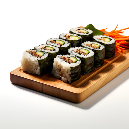 Kimbap on wooden board isolated on white backgroundの素材