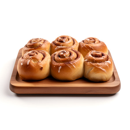 cinnamon rolls on wooden board isolated on white backgroundの素材
