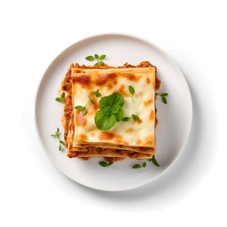 Lasagna on plate isolated on white backgroundの素材