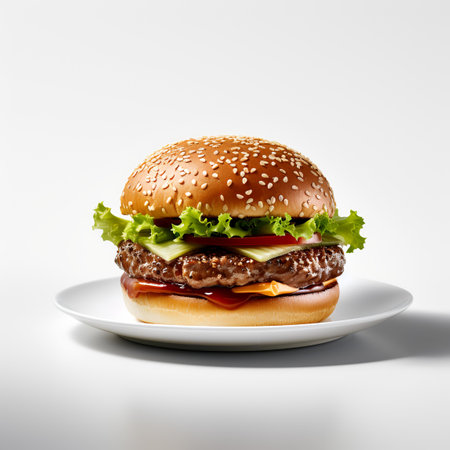 burger on plate isolated on white backgroundの素材
