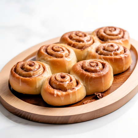 cinnamon rolls on wooden board isolated on white backgroundの素材