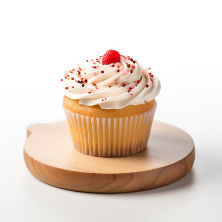 cup cake on wooden board isolated on white backgroundの素材
