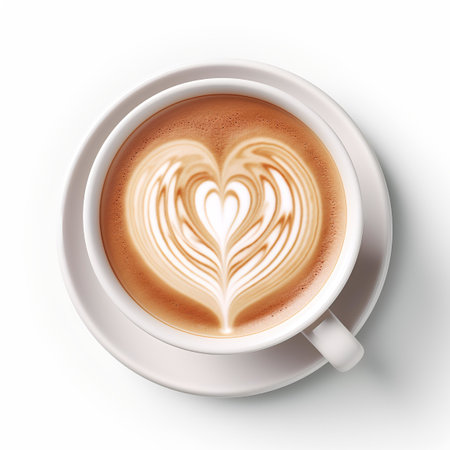 A cup latte with love art isolated on white backgroundの素材
