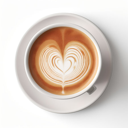 A cup latte with love art isolated on white backgroundの素材