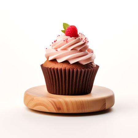 cup cake on wooden board isolated on white backgroundの素材