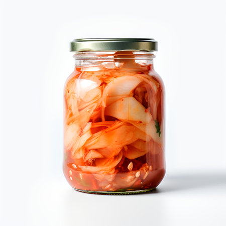 kimchi on jar isolated on white backgroundの素材