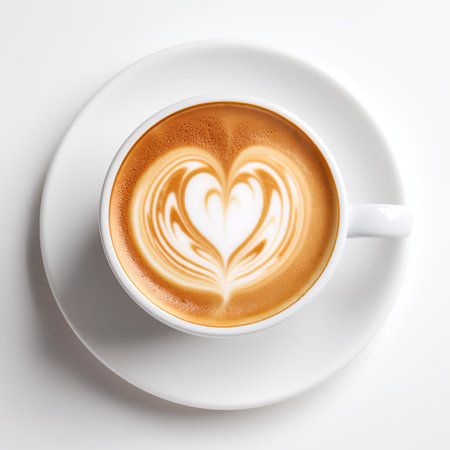 A cup latte with love art isolated on white backgroundの素材
