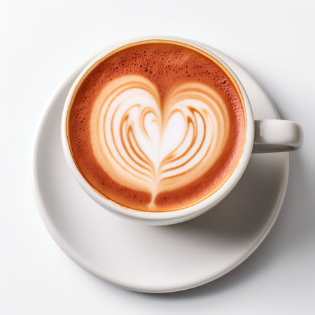 A cup latte with love art isolated on white backgroundの素材
