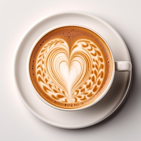 A cup latte with love art isolated on white backgroundの素材