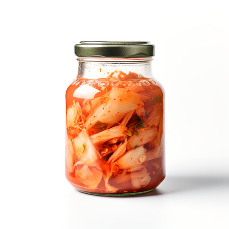 kimchi on jar isolated on white backgroundの素材