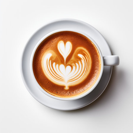 A cup latte with love art isolated on white backgroundの素材