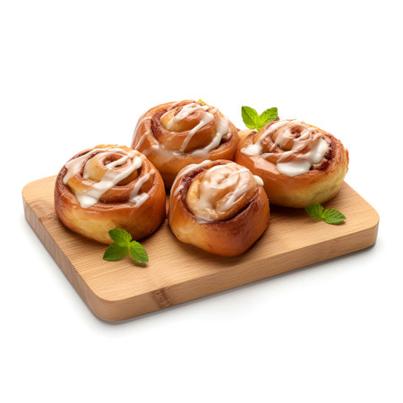cinnamon rolls on wooden board isolated on white backgroundの素材