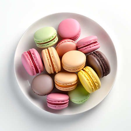 Macarons on plate isolated on white backgroundの素材