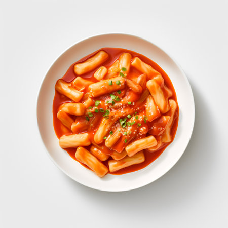 Tteokbokki on plate isolated on white backgroundの素材