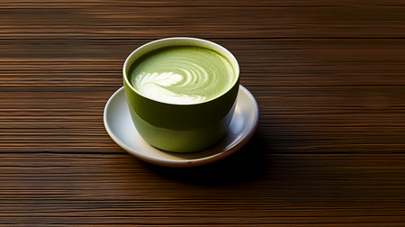 matcha latte on wooden tableの素材