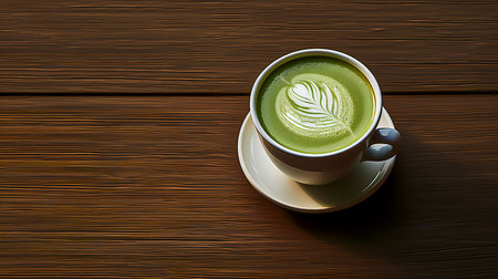 matcha latte on wooden tableの素材