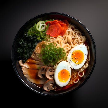 Ramen on dark bowl isolated on dark backgroundの素材