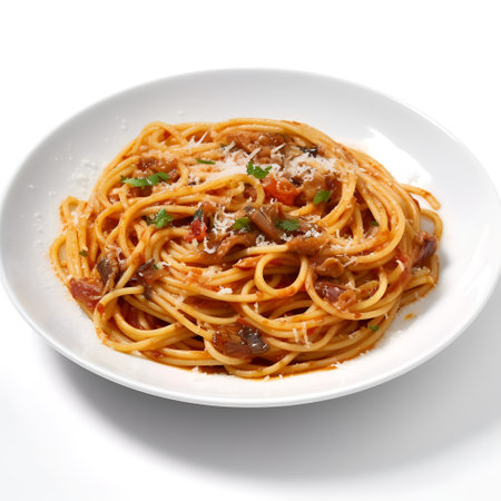 Spaghetti on plate isolated on white backgroundの素材