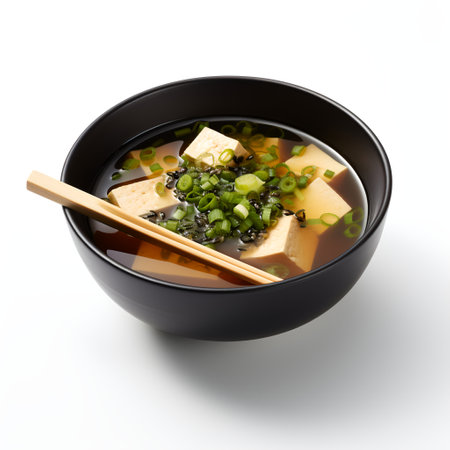 Miso soup on black bowl  isolated on white backgroundの素材