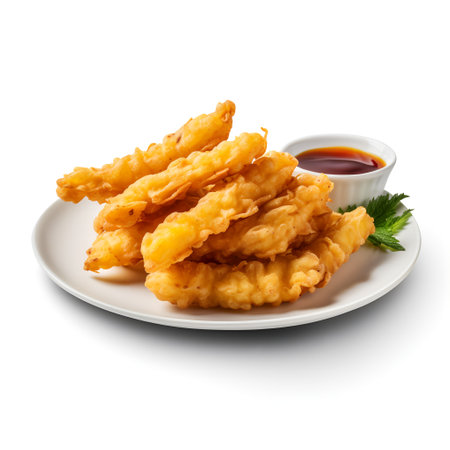 Tempura on plate isolated on white backgroundの素材