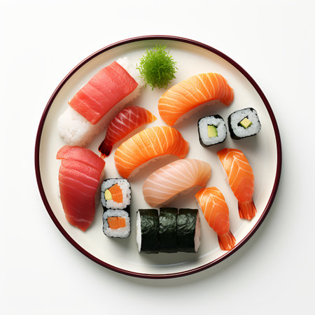 Sushi on plate isolated on white backgroundの素材
