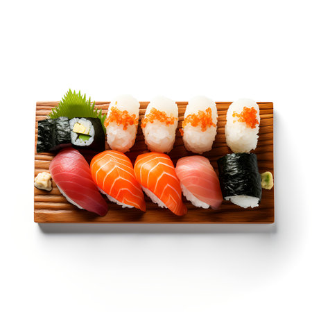 Sushi on board isolated on white backgroundの素材
