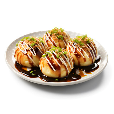 takoyaki on plate isolated on white backgroundの素材