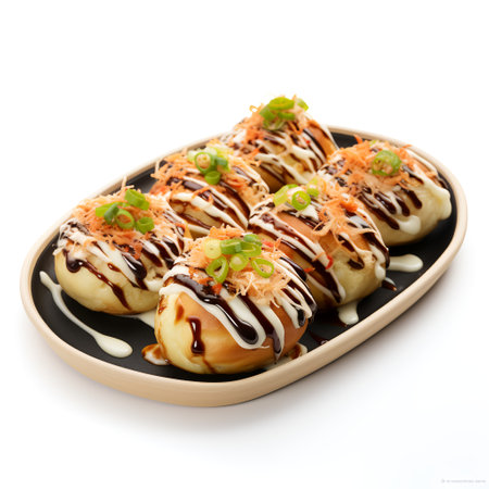 takoyaki on plate isolated on white backgroundの素材