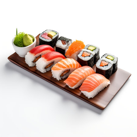Sushi on board isolated on white backgroundの素材
