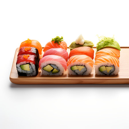 Sushi on board isolated on white backgroundの素材