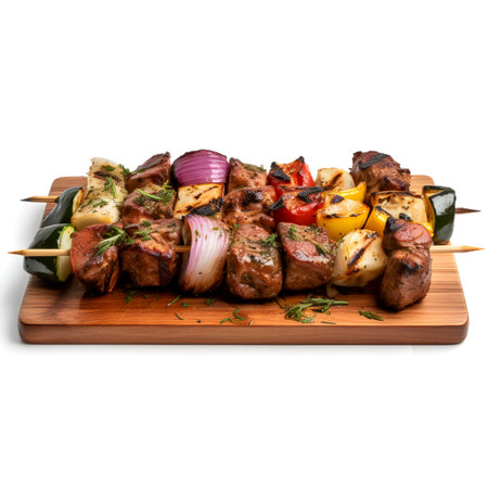 satay on wooden board isolated on white backgroundの素材
